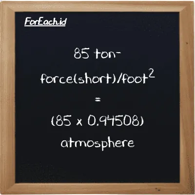 How to convert ton-force(short)/foot<sup>2</sup> to atmosphere: 85 ton-force(short)/foot<sup>2</sup> (tf/ft<sup>2</sup>) is equivalent to 85 times 0.94508 atmosphere (atm)
